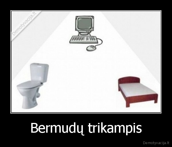 bermudu, trikampis,kompiuteris,miegas,tualetas,lova