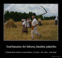  Svarbiausios dvi lietuvių liaudies patarlės: - 1) Nekask kitam duobės, lai pats išsikasa; 2) Duoda - imk, muša - duok atgal. 