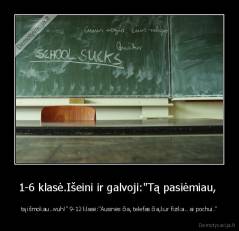 1-6 klasė.Išeini ir galvoji:"Tą pasiėmiau,  - tą išmokau..wuh!" 9-12 klasė:"Ausinės čia, telefas čia,kur fizika.. ai pochui."