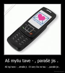 Aš myliu tave - , parašė jis .  - Aš irgi tave - , atrašė ji . Oi sory čia ne tau - , parašė jis .