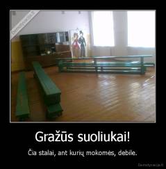 Gražūs suoliukai! - Čia stalai, ant kurių mokomės, debile.