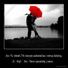 Jis:-Tu ideali.Tik tavyje pakeisčiau vieną dalyką. - Ji: -Ką?   Jis: -Tavo pavardę į savo.  
