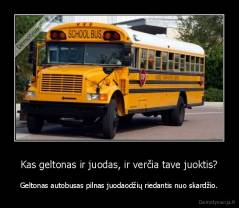 Kas geltonas ir juodas, ir verčia tave juoktis? - Geltonas autobusas pilnas juodaodžių riedantis nuo skardžio.
